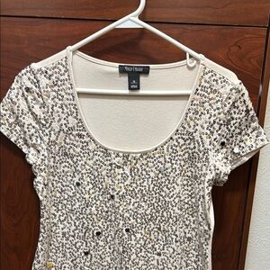 White House Black Market Cream Sequin Cap Sleeve Tee